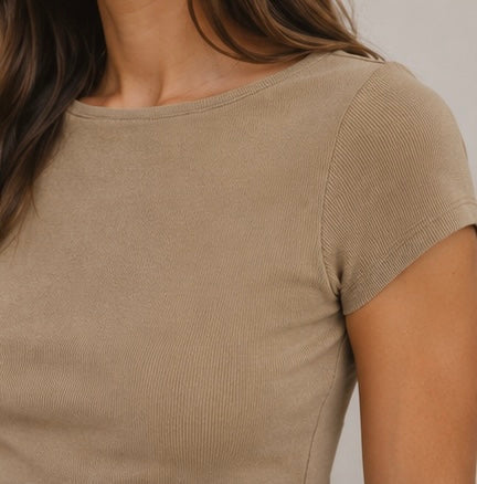 Washed Boat Neck Short Sleeve Ribbed
Knit Top