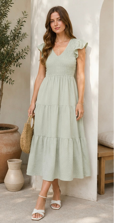 Flutter Sleeve V Neck Smocked
Midi Dress