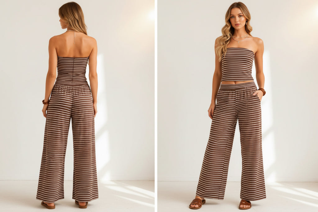 Striped Knit Tube and Wide Pants Set