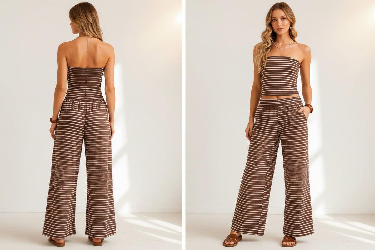 Striped Knit Tube and Wide Pants Set