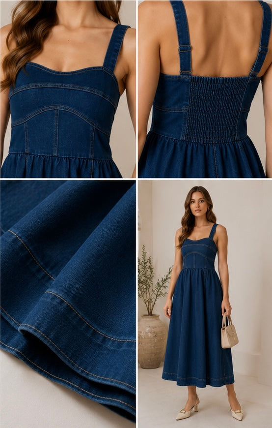 Sweetheart Corset Seam Detail Denim
Midi Dress