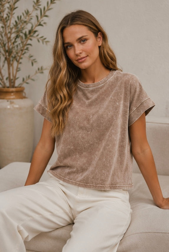 Washed Short Sleeve Boxy Knit Top