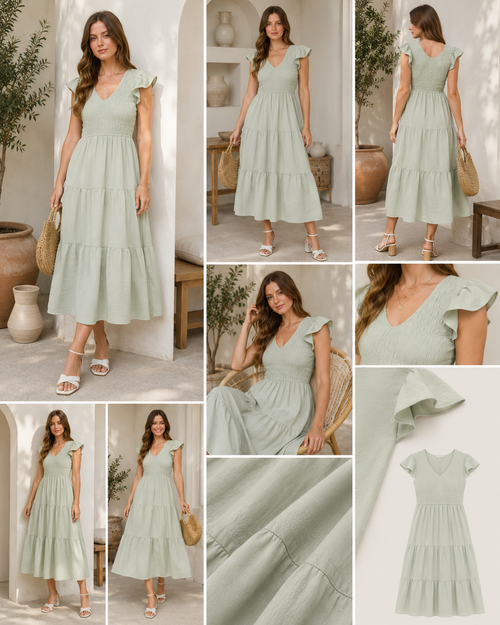 Flutter Sleeve V Neck Smocked
Midi Dress