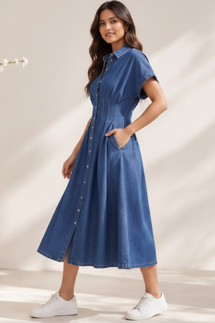 Button Down Pleated Waist Denim
Shirt Dress