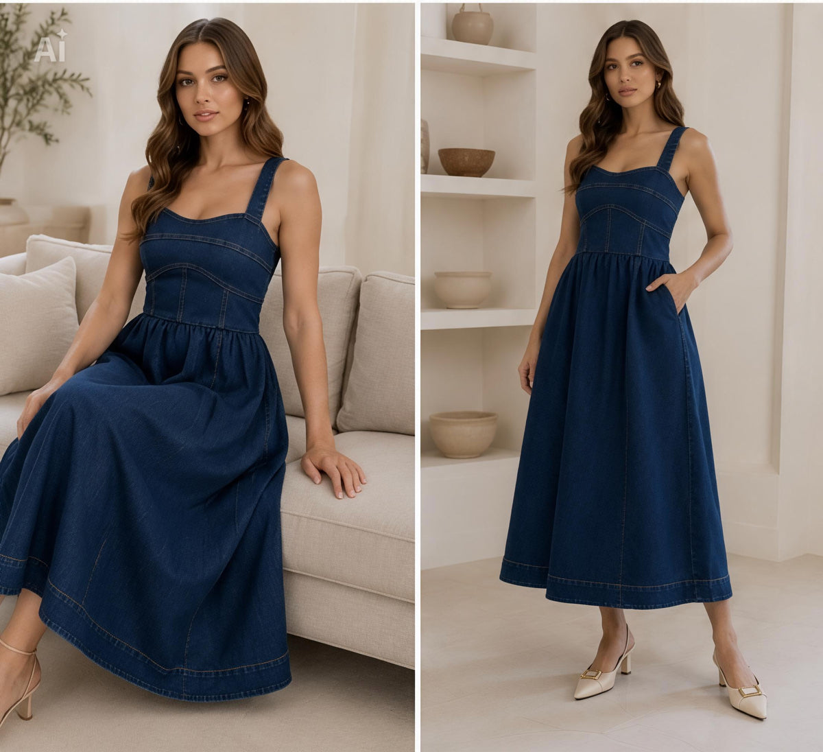 Sweetheart Corset Seam Detail Denim
Midi Dress