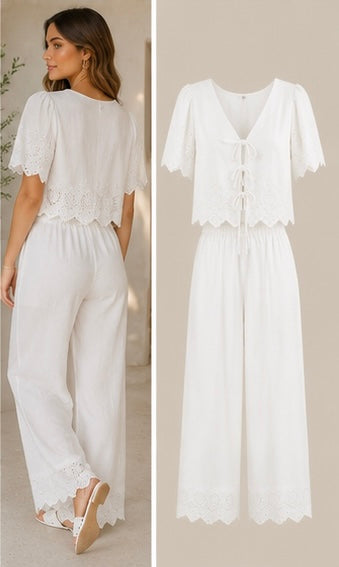 Eyelet Trim Front Tie Blouse and Wide Leg Pant Set