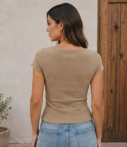 Washed Boat Neck Short Sleeve Ribbed
Knit Top