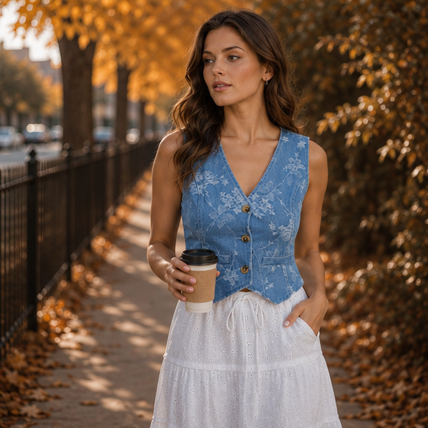 Floral Jacquard Button Down
Denim Vest